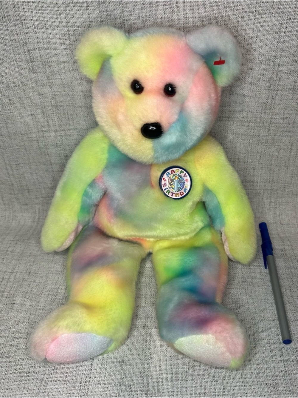 TY 2000 B.B. BEAR BEANIE BUDDY 14" Tie Dye Rainbow Happy Birthday Bear